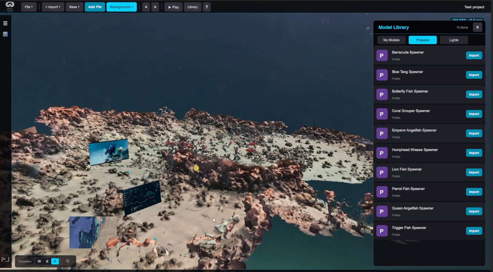 Platform authoring tool on desktop — a 3D scene with media stations and the model library open