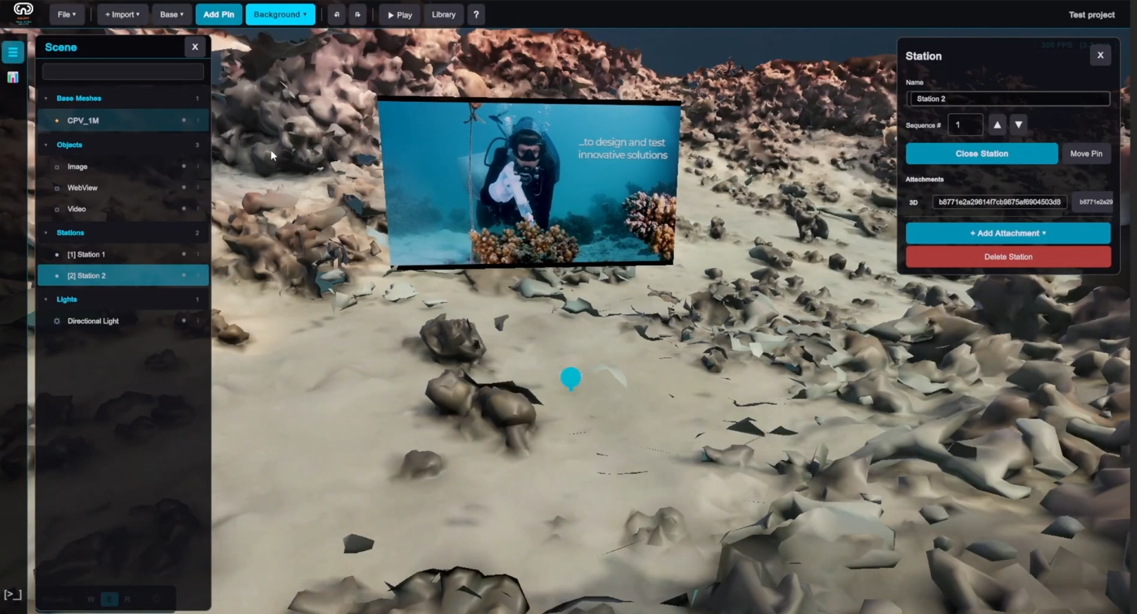 Platform UI — a video data-station attached to a point inside a 3D scanned environment